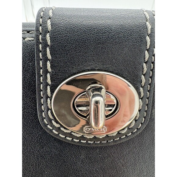 COACH BLACK GENUINE LEATHER BIFOLD SNAP WALLET Silver Turn  Key Lock Credit Card - Picture 4 of 11